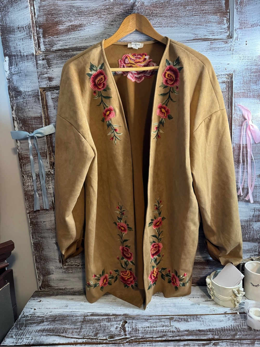 Umgee Camel Open-Front Embroidered Floral Cardigan